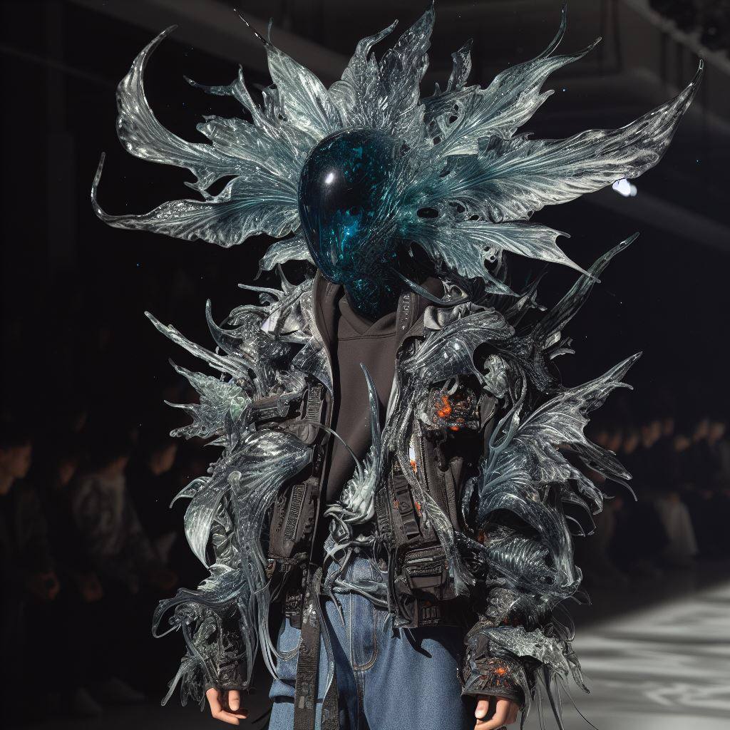 A person wears an elaborate, sculptural costume with expansive, crystalline shapes radiating outward, reminiscent of natural forms like ice or glass. This might represent a fashion showpiece with avant-garde or artistic design. The headpiece has a smooth, obsidian-like helmet from which the spiny, translucent forms burst forth.