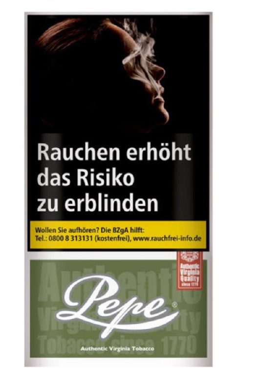 A profile silhouette of a person exhaling smoke appears against a dark background with the words "Rauchen erhöht das Risiko zu erblinden," which translates from German to "Smoking increases the risk of blindness."