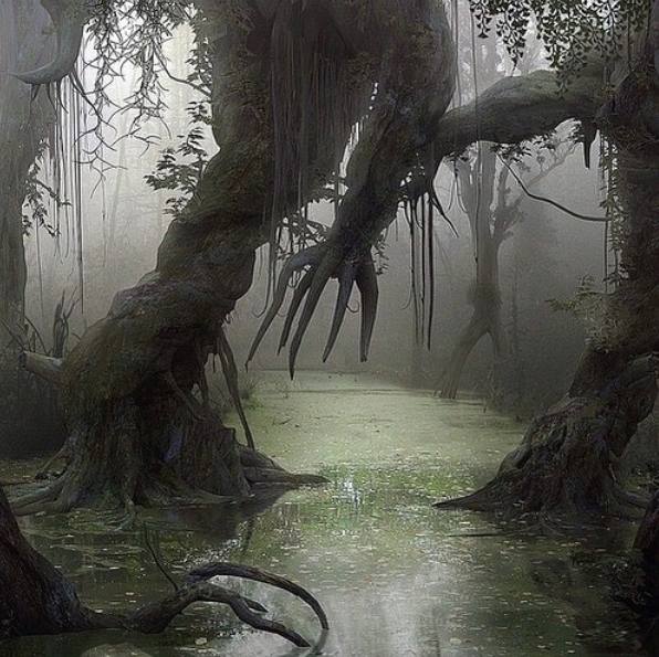 A murky swamp is shown with a green, algae-covered surface of water. Majestic trees with gnarled roots appear to be rising from the water, stretching their contorted limbs skyward, ornamented with hanging moss.