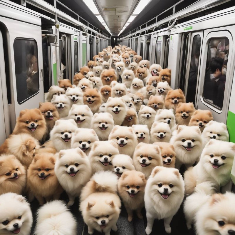 A whimsical scene captures an extravagant number of Pomeranian dogs with alert expressions and fluffy coats seemingly packed onto a train carriage.