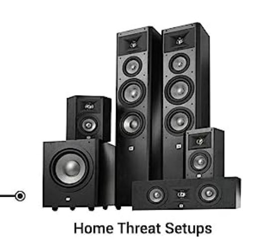 A variety of black audio speakers are displayed, seemingly arranged as part of a surround sound system, typically used in a home entertainment setup.