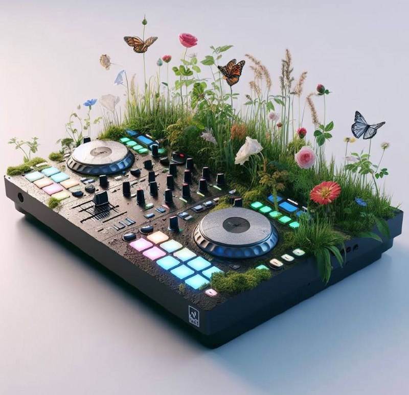 Portrayed is a DJ mixer deck whimsically overlaid with vibrant green grass, diverse flowers, and fluttering butterflies. The mixer integrates numerous colorful buttons, sliders, and jog wheels—elements typical for manipulating audio tracks, though the natural overgrowth suggested here gives it an unusual, surreal appeal.