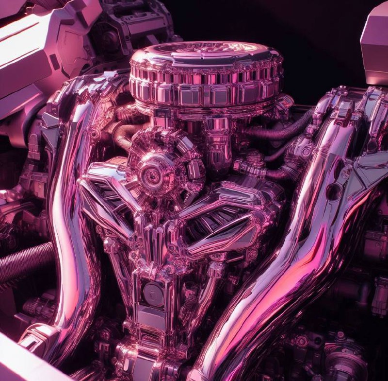 An intricately detailed chrome engine machinery with various metallic and reflective surfaces is depicted. Hues of purple and pink tints infuse the image, creating a vibrant contrast against the metal.