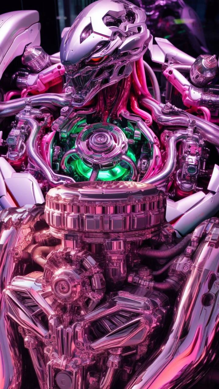 A highly detailed and complex mechanical figure is featured prominently with nuanced reflections of pink and other colors across its surface, inferring a chrome-like material. The central portion appears to have translucent components that glow with a vibrant emerald light, likely indicating an energy source or power core. The design aesthetics hint at advanced robotics or artificial intelligence.