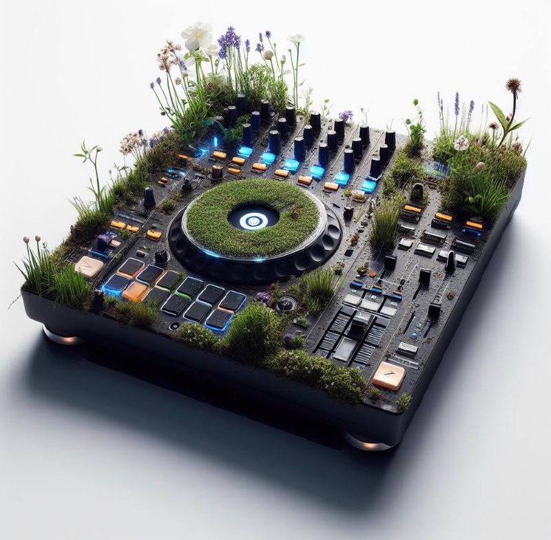 A DJ mixing console or controller is creatively transformed into a miniature ecosystem, complete with green grass, miniature flowers and plants, all intricately placed among the knobs, sliders, jog wheels, and buttons that you would normally find on such a music device. This creates an interesting juxtaposition and concept that blends technology with nature.