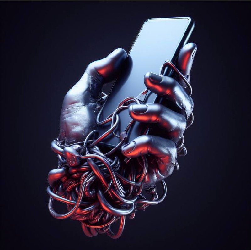 Gloved hands, webbed tightly with what appears to be a complex weave of glossy red and black cables, cradle a sleek smartphone. The dense tangle of cords envelops the device, seemingly alive with technological intricacy. The background is a dark, solid color, providing a dramatic contrast that highlights the sinuous forms and reflective surfaces of the cables and the phone.