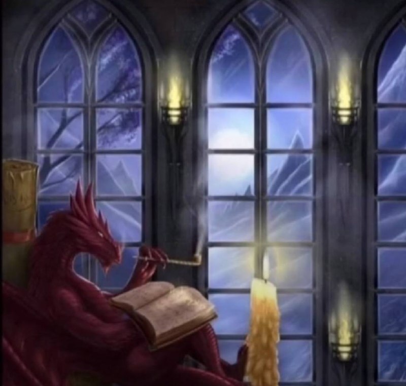 A red dragon is seated with a book opened in its lap, holding a pair of glasses near its face seemingly reading the book.