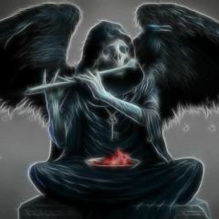 A stylized representation shows a skeletal figure with large, dark angel wings. The figure is cloaked and poses with one hand near the face, while the other rests above a small, brightly illuminated flame situated at the center of the chest.