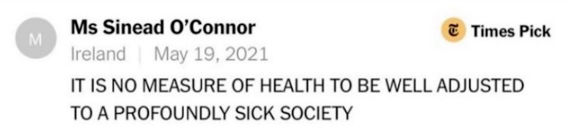 The content is a screenshot displaying a social media or web platform post. It attributes the post to an individual from Ireland, dated May 19, 2021. The stated text reads: 'IT IS NO MEASURE OF HEALTH TO BE WELL ADJUSTED TO A PROFOUNDLY SICK SOCIETY.