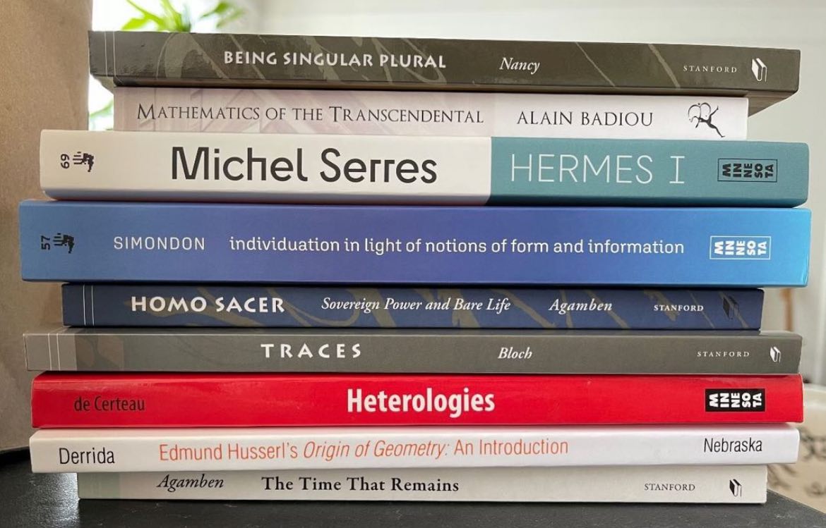 A stack of academic books on philosophy and critical theory, a houseplant in the background, the upper bookends of a shelf. Different colors and publishers, the words "HOMO SACER," "Derrida," some titles in Korean. A calm, studious atmosphere.