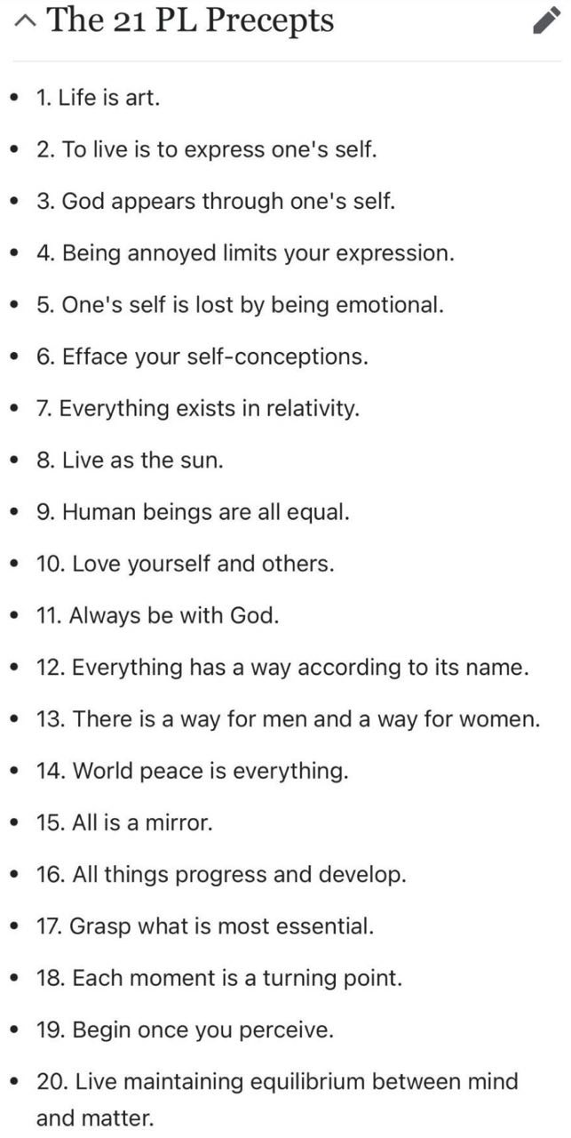 List of numbered philosophical statements, titled "The 21 PL Precepts," includes ideas about life, self-expression, God, emotion, equality, love, peace, reality, progress, perception, and maintaining balance between mind and matter.