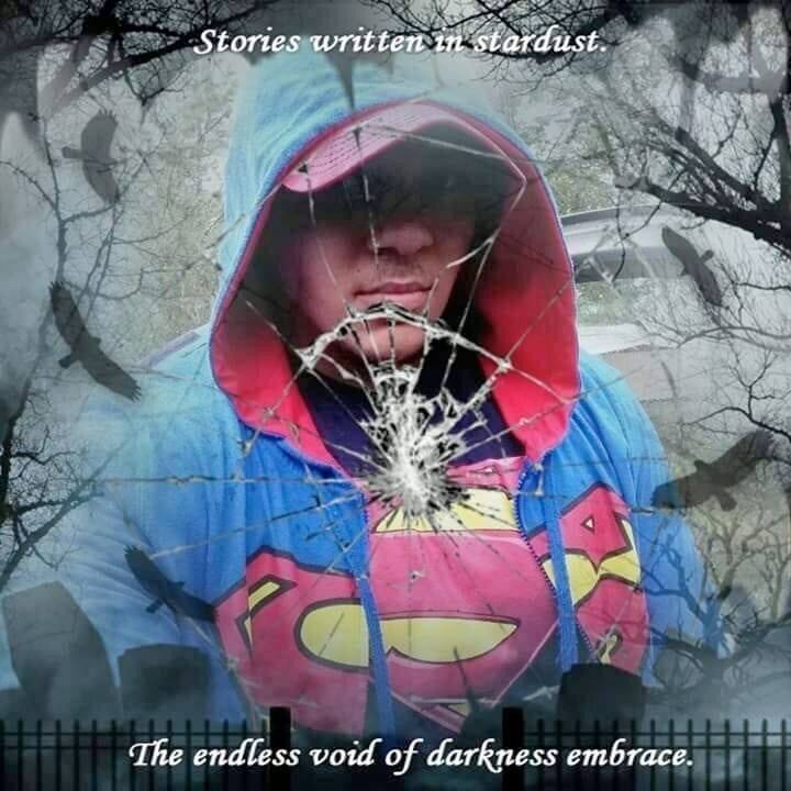 A person wearing a hoodie with a Superman logo, a broken glass effect overlaid across the face, bare winter trees, and birds flying in the background. Text overlays with emotive statements about stories and darkness.