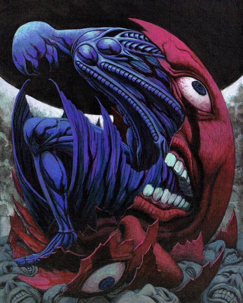 Vivid colors, alien creature, organic forms, sharp teeth, humanoid skeletons, dark atmosphere, menacing posture, extraterrestrial design, biomechanical aesthetics, horror theme, dynamic composition, purple and red hues, textured brushstrokes, illustrative art style.