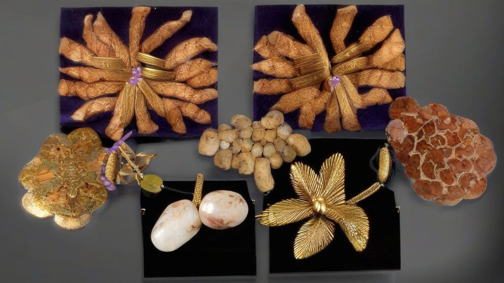 I see a collection of various items displayed on a gray background, likely for scientific or educational purposes. The items are presented on six dark square platforms, three of which have a purple velvet-like covering.

On the top left, there is a golden object resembling a sheaf of wheat tied with a purple band. Below it is an intricate gold flower-like ornament with a purple string. To the right of these, on the bottom middle platform, is a metallic gold flower with a glistening texture against a black backdrop. 

On the top middle platform, there are several potato-like tubers grouped together. Directly above on the top right platform lies another botanical arrangement with similar texture to the golden objects, but in a natural brown and tan palette.

On the lower right lies a circular piece with a hexagonal pattern, possibly a natural mineral formation or a coral, with shades of reddish-brown and white. Adjacent to this, on the lower left platform, there are two elongated objects resembling white tubers beside the golden flower. 

The collection appears to represent some sort of thematic connection potentially related to botany, artistry, and natural patterns.