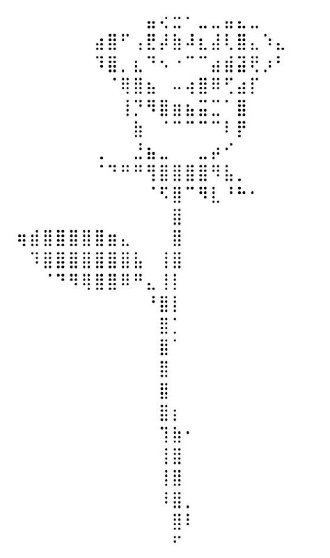 ASCII art, rose, dots, stem, petals, leaf, digital, monochrome, simplicity, text-based visual art.