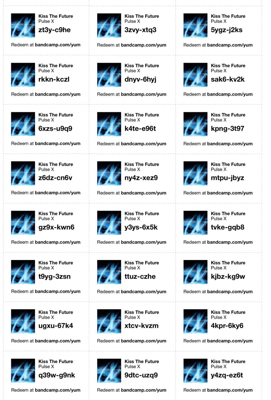 A series of digital download cards with unique codes, all with the same abstract blue design and text, directing to redeem the content at "bandcamp.com/yum". Each card features the title "Kiss The Future Pulse X" with a different alphanumeric redemption code below it.