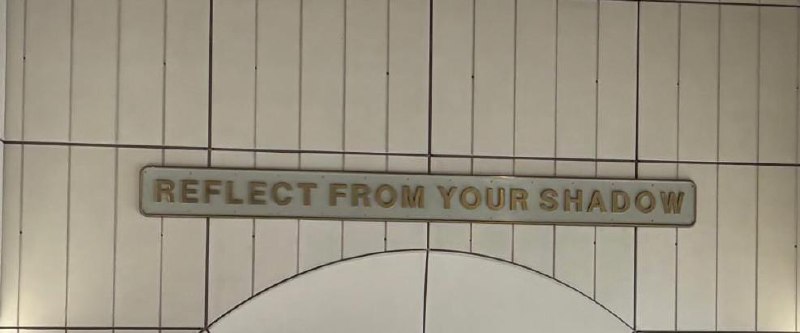 Wall-mounted sign with text "REFLECT FROM YOUR SHADOW," beige panel, stylized font, indirect lighting, curved architectural feature below, vertical lines, possibly in an interior space.