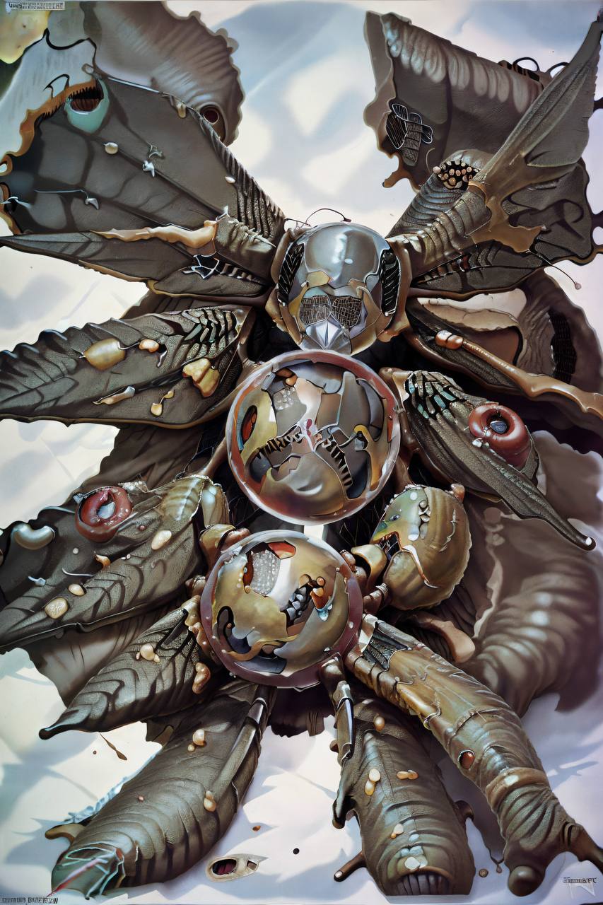 A fantastical mechanical figure is at the center of focus, with a humanoid face featuring metallic and robotic attributes. It is ensconced in spheres of metal with open segments revealing similar faces inside them.