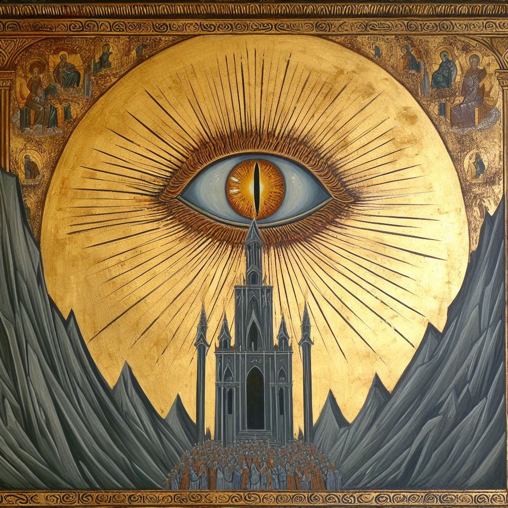 Centered in the artwork is a large, radiant eye with brownish gold tones; the pupil appears to be a fiery element. Long, straight rays emanate from the eye, suggesting intensity or divinity.