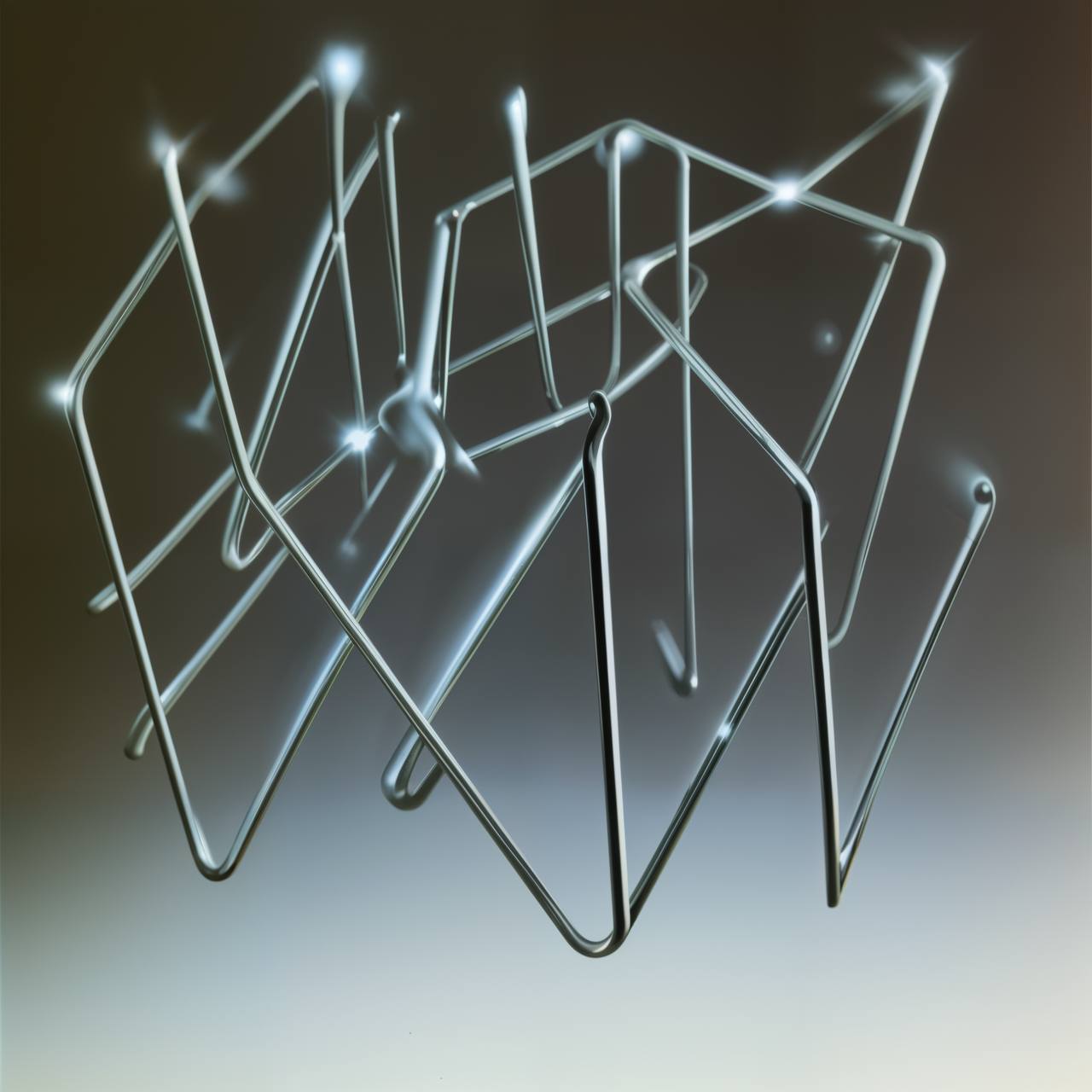 Several metal rods blurred in such a manner are configured in complex three-dimensional shapes appearing to be interconnected polygons or a geometric sculpture. The surfaces reflect light, creating soft flares at various connection points. The rods have a smooth, reflective finish, adding to the image's abstract, artistic quality.