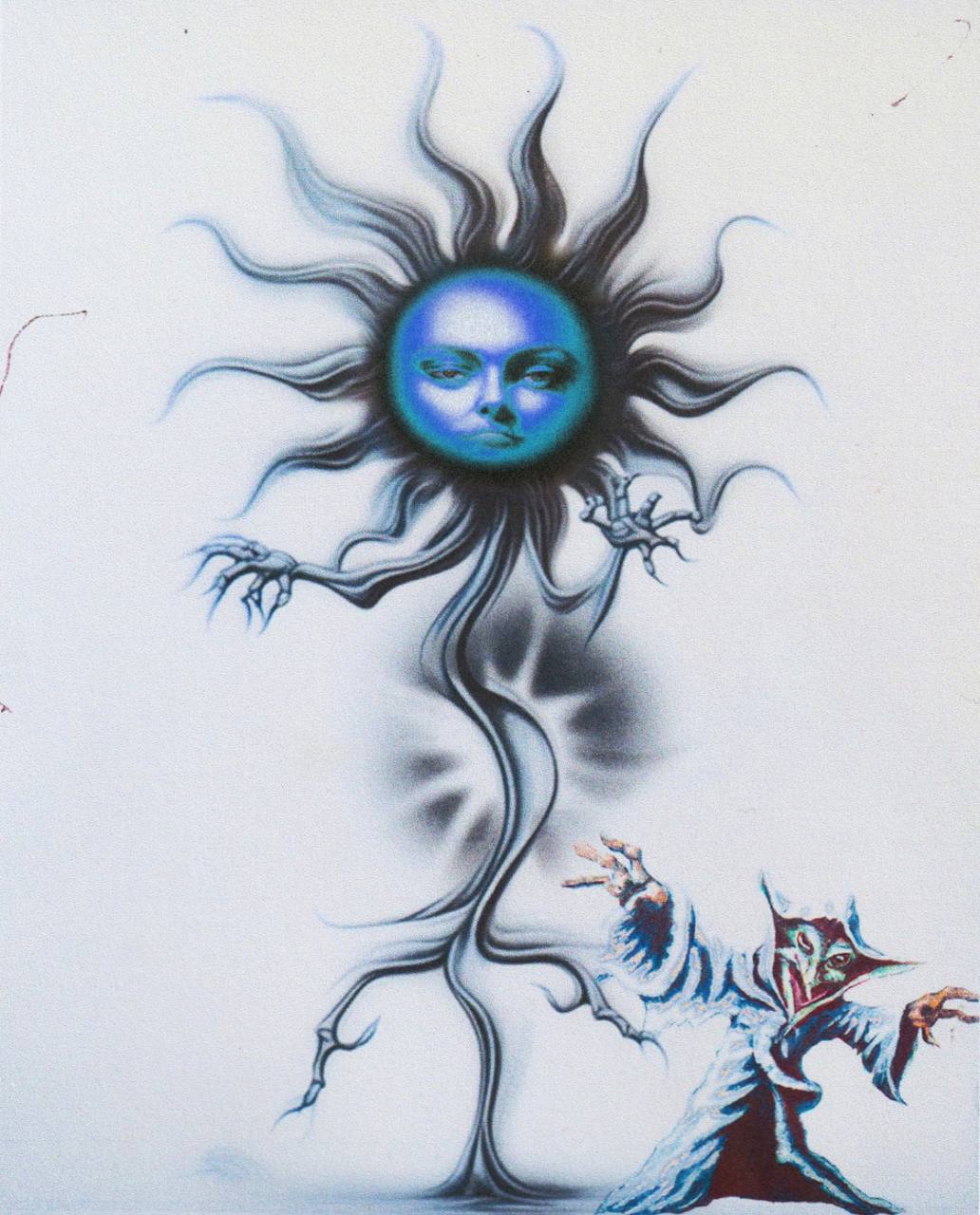 A haunting and surrealistic interpretation in shades of blue and black is depicted. Center stage, the vibrant blue face with a neutral expression reminiscent of the sun dominates, surrounded by a burst of wavy, flowing strands reaching outward like solar flares or the tentacles of an anemone.