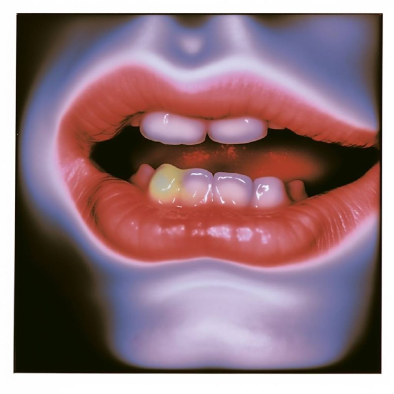 A close-up of someone's open mouth shows their lips and teeth. One tooth, in particular, seems discolored or possibly decayed, it has a significantly different color - yellow and dark spots - compared to the surrounding white teeth.