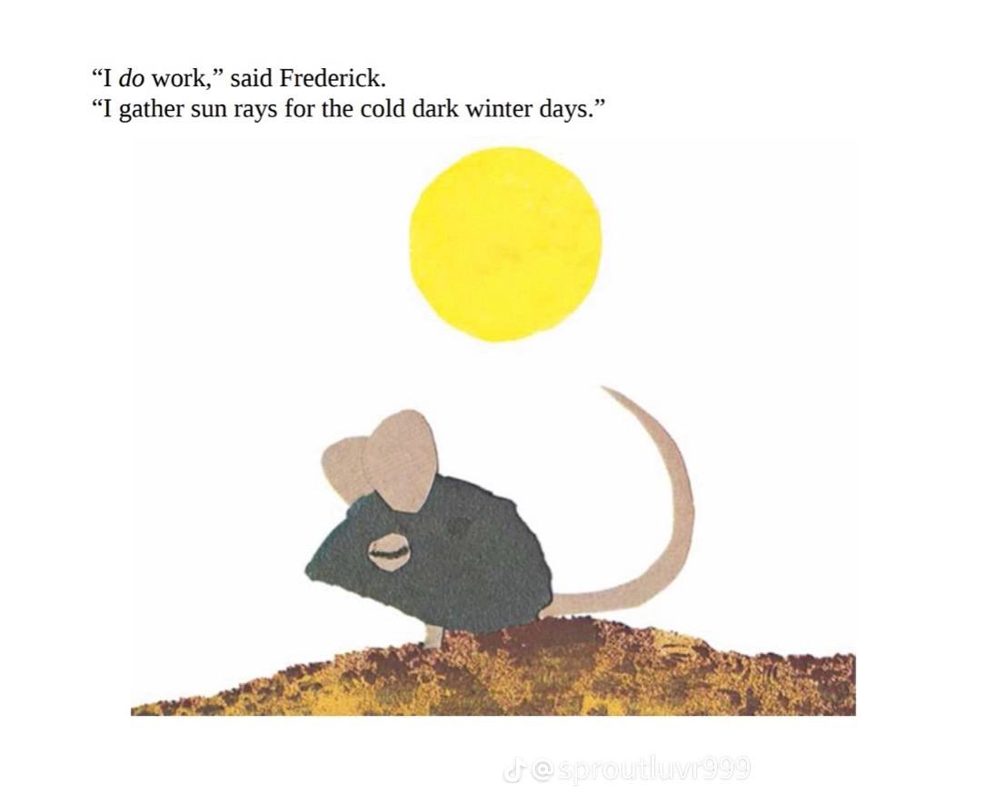 A stylized illustration depicts a dark-colored mouse standing on a ground that looks like crumpled paper or fabric strips, filled with earthen tones suggestive of fall or decay. The mouse’s silhouette is shown in a side profile and appears to be gazing up at a bright yellow sun.