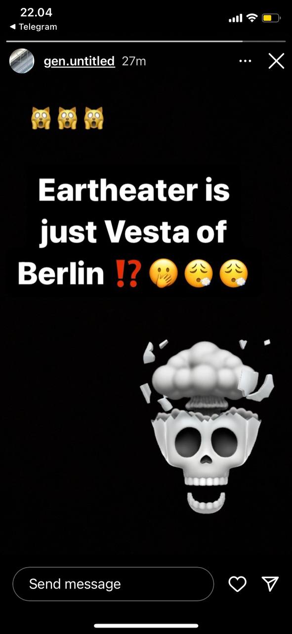 A screenshot of a social media post with a black background features text and various emojis. Yellow faces appear at the top expressing surprise, with text beneath them spelling out, "Eartheater is just Vesta of Berlin !?"
    followed by emojis that suggest thoughtfulness and distress. Below this text, there's a graphic of a skull with the
    top shattering apart, possibly indicating astonishment or mind-blow.