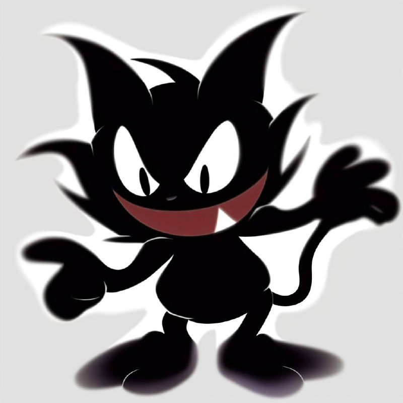 A stylized cartoon character that resembles a black cat with distinct large, pointy ears shapes emits an emblematic cheekiness. Evident white gloves adorn its hands, and the facial features—including prominent eyes and an exaggerated grin—convey a mischievous charm. The figure stands, casting a small shadow, against a light background.