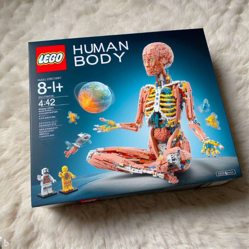 The picture showcases a LEGO set package titled "HUMAN BODY" designed to resemble a classic anatomical model constructed from various colored LEGO bricks to depict muscles, bone structure, and internal organs.