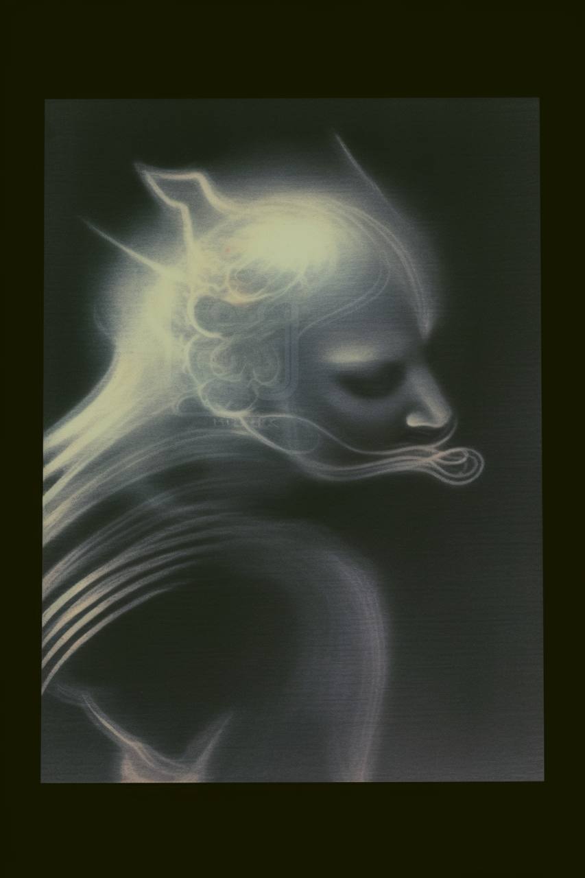 There's an abstract blurred vision of a human-like figure that appears ghostly. It's rendered in a way that features are suggested rather than clearly defined—an evocative impression of a head and neck, with no specific details discernible.