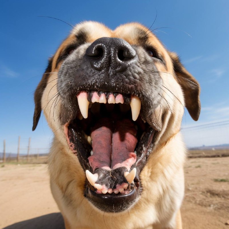 A large dog with a broad snout and open mouth is pictured. Its tongue is lolling out, and a set of white teeth, including canines, is visible. The dog seems to be smiling or panting, and its nose is prominent and moist.