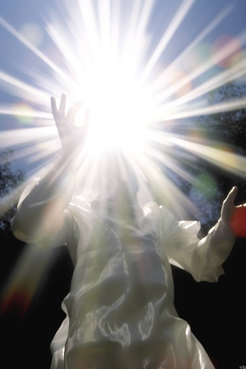 A figure appears backlit by the sun, with the sun's rays creating a flare effect around them. The figure is out of focus and silhouette-like, with one hand seemingly obscured by the glare, and only two visible fingers other-hand reaching towards the sunshine. The background features what seems to be clear skies and possibly the edge of some foliage obstructed by intense light diffraction.