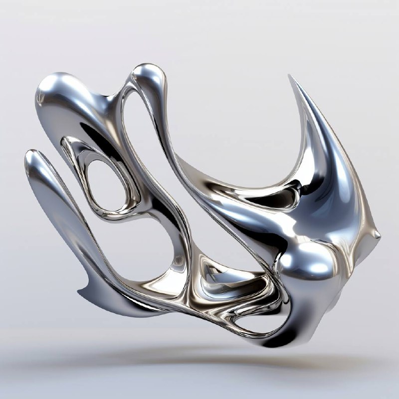 A glossy metallic sculpture with an abstract form is displayed. It has several flowing and curved protrusions creating an organic yet inorganic appearance. The finish of the object is reflective, casting highlights and showing a reflection of its environment on its surface. The design is smooth, with no distinct features other than its fluid shape, conveying a contemporary or futuristic artistic style.