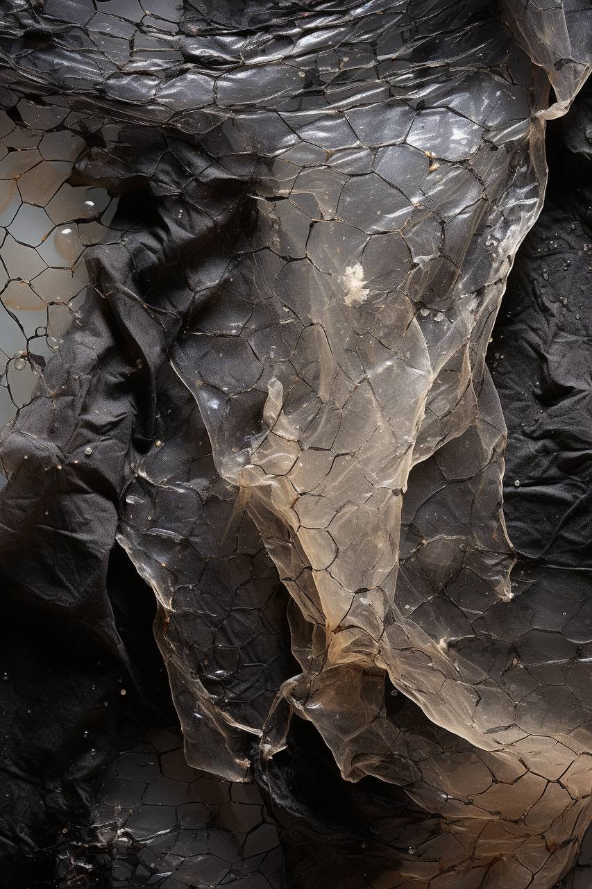 It appears to be an abstract composition of an object with shimmering, translucent qualities similar to crushed glass or ice with an intricate, broken pattern throughout, against a crinkly dark background that gives the sense of being textured fabric or some kind of wrinkled material.