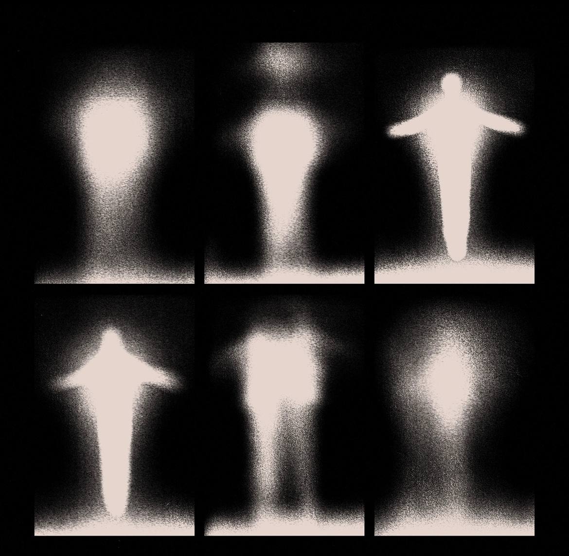 Six stylized panels show abstract representations of what appears to be a figure in different stances. The diffused light and dark outlines evoke a sense of movement or transformation. Each figure variation is composed of simple shapes enhanced with a glowing effect, increasing in clarity from a vague, blob-like presence to a distinct humanoid shape with arms and legs visible.