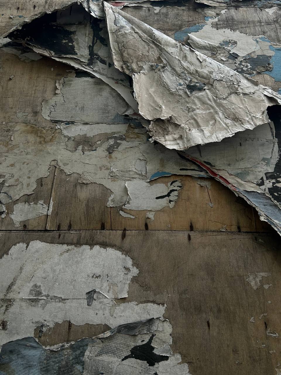 Peeling and torn layers of old, worn-out wallpaper or paper-like material are attached to a wall. The underlayers show different textures and discoloration, suggesting age and exposure.