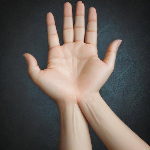 An open palm with fingers splayed is displayed against a subtly patterned dark background. The wrist leads to the opened hand where all five fingers are clearly visible. The lines on the palm are also conspicuous, and the skin tone appears pale.