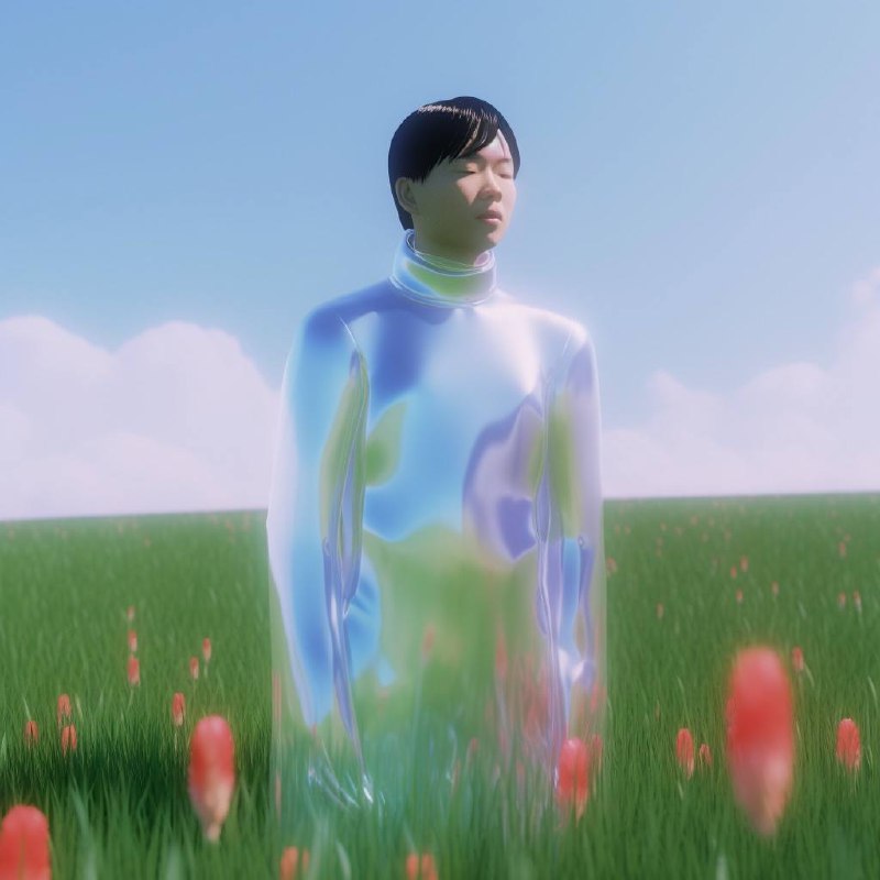 A translucent figure wearing a high-neck top that blends with the expansive green field and blue sky behind it, stands amidst a few red flowers, seemingly tulips.