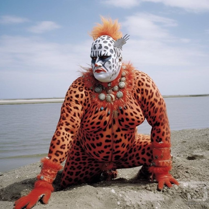 A person clad in an outfit resembling a leopard, appears ostentatiously decorated with face paint and accessories. The ensemble showcases vibrant colors, whimsical patterns, and an eye-catching headdress with feathers.