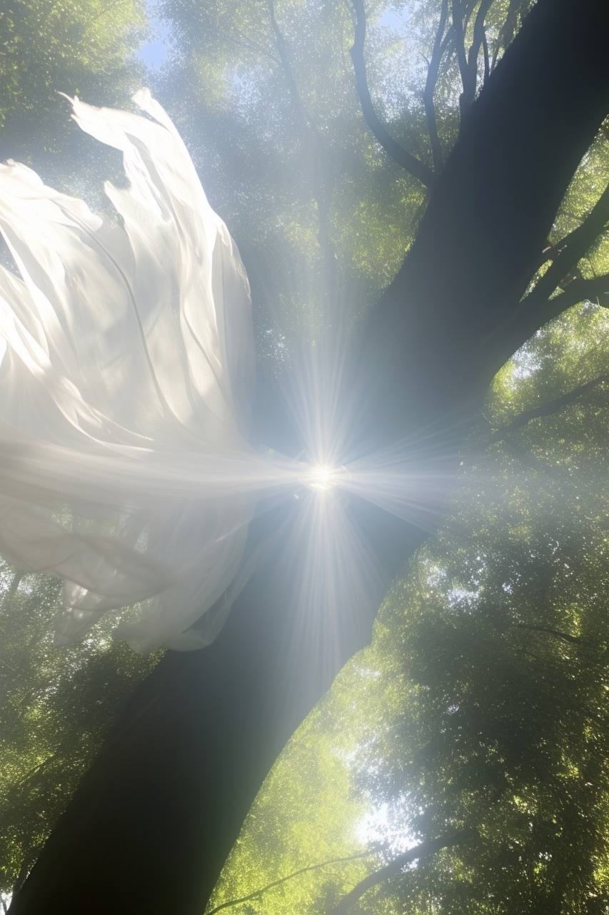 A lofty perspective showcases sunlight streaming through a high canopy of verdant leaves, where the bright rays converge dazzlingly whilst breaking through a gap. Contrasting against this natural backdrop, a flowy, ethereal white fabric elegantly ascends towards the light, appearing as if caught tenderly by the breeze—an element transforming the forest opening into a spirited, almost celestial dappiatto.