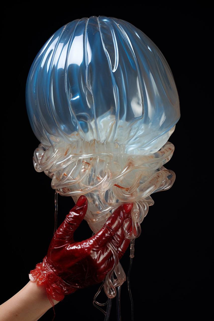 A person's hand, wearing a red glove, is holding an object that resembles a large, transparent jellyfish against a black backdrop. The object has an intricate structure mimicking a jellyfish's body with a dome-shaped bell and flowing tentacles.