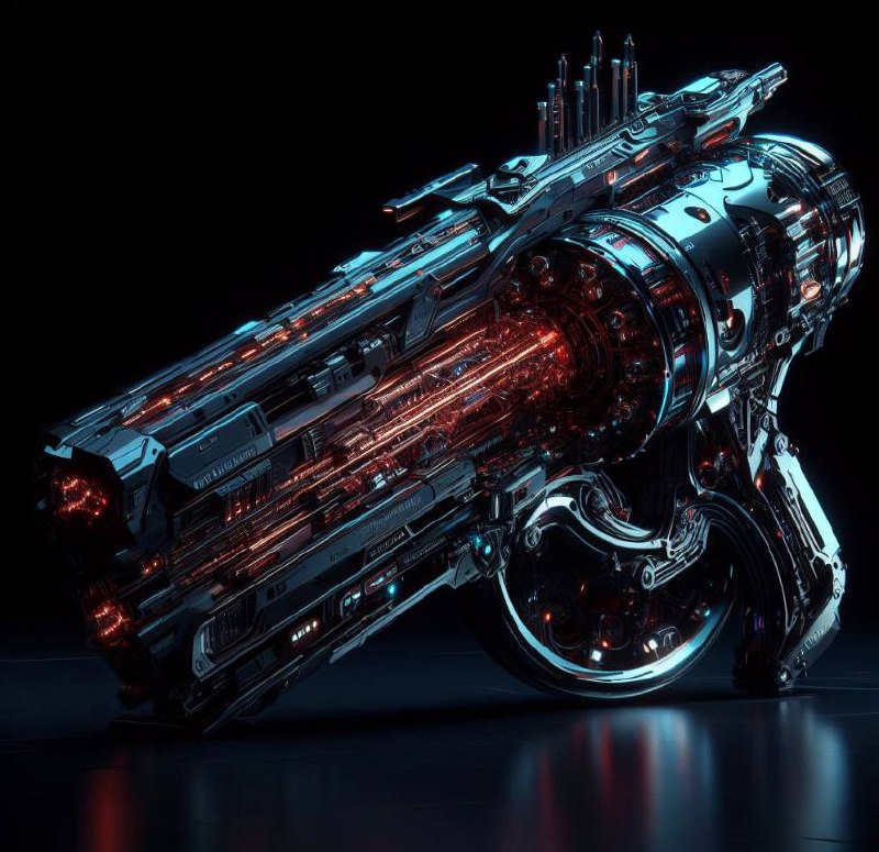 A highly detailed, futuristic and ornate gun with complex mechanical parts and a glow that looks like it could be part of a high-end computer generated graphic for a science fiction theme.