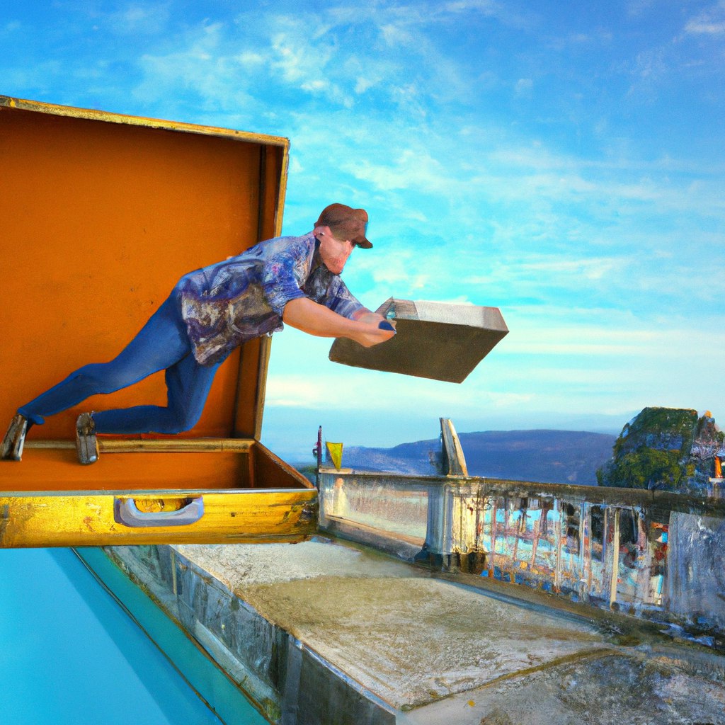 A person appears to be emerging or diving through an oversized wooden toolbox which is placed on what seems to be the parapet of a building.