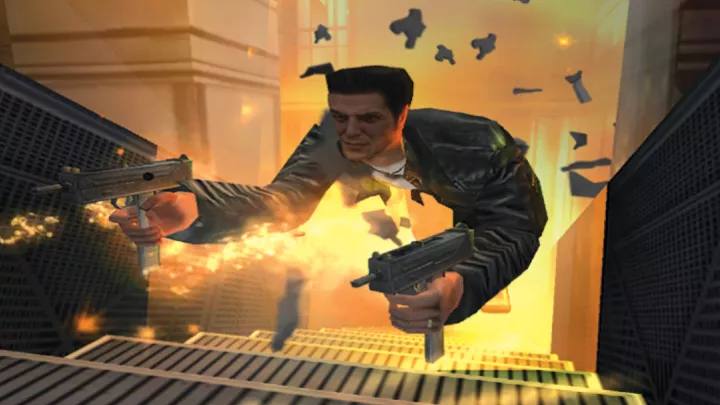 A man in dark clothing is holding two guns and firing downwards from what appears to be an elevated platform. He has an intense expression as if he's engaging in a dangerous situation. Around him are sparks and the image has hues of orange and yellow, suggesting an explosion or burst of flames in the background. The style looks like it could be from a video game or stylistically altered to mimic such, with somewhat dated graphics.