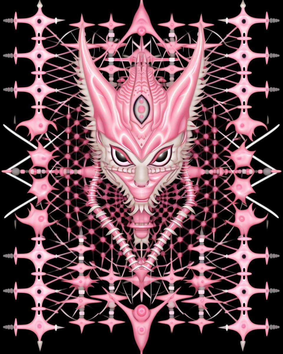 You are looking at a digitally generated image with a stylized symmetrical design centered around a fantastical pink and white entity that resembles a mix of a dragon and fox face with long, sharp ears or horns. The visage features intricate designs with what would appear to be scale patterns and possibly symbol-like figures on the forehead.